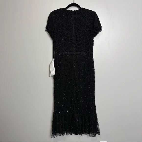 Mac Duggal HAND BEADED FLOUNCE SLEEVE MIDI DRESS Black Size 12 Style 10771 - Picture 6 of 12